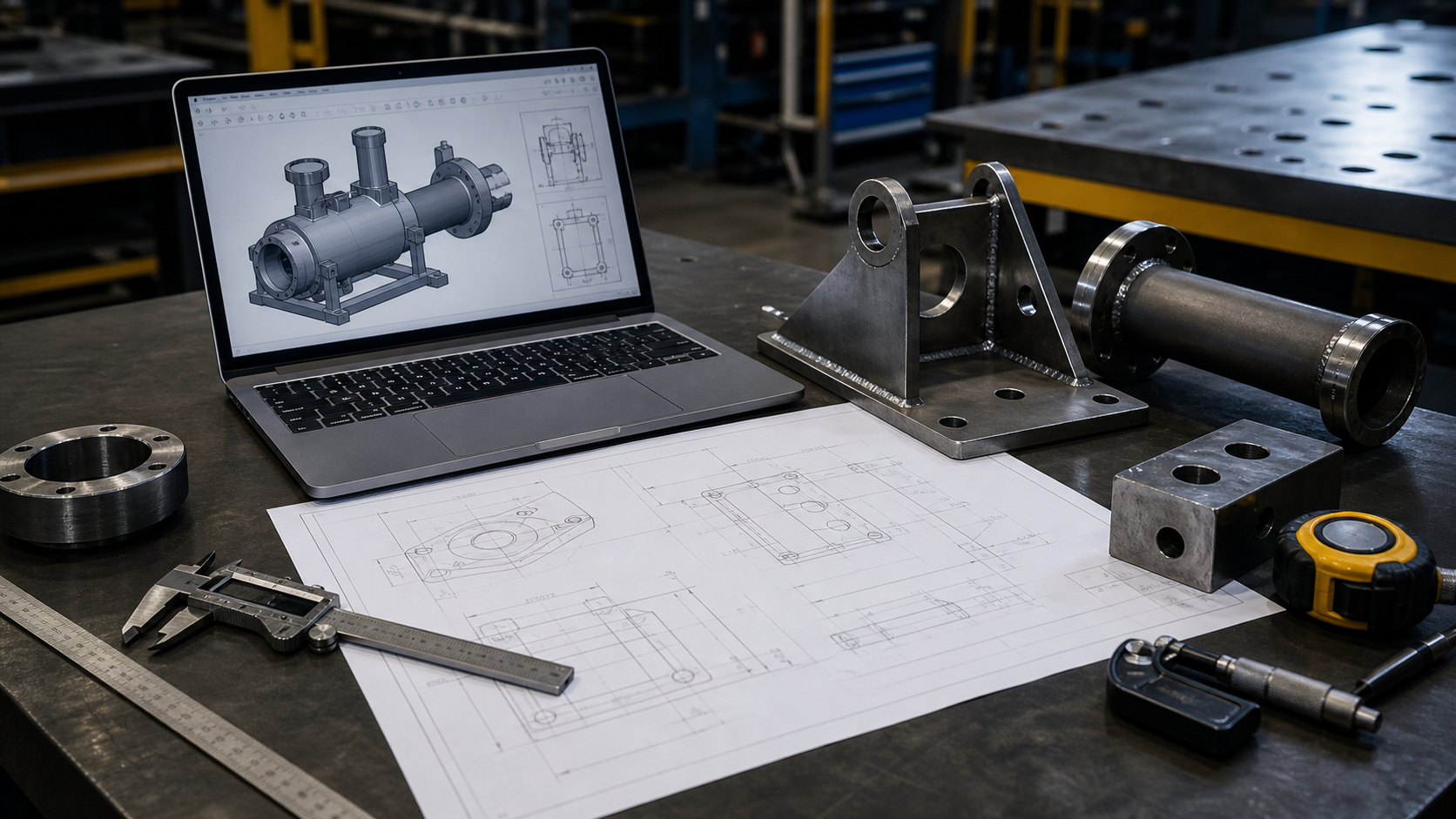 In-house engineering with CAD drawing, measuring tools and fabricated metal components